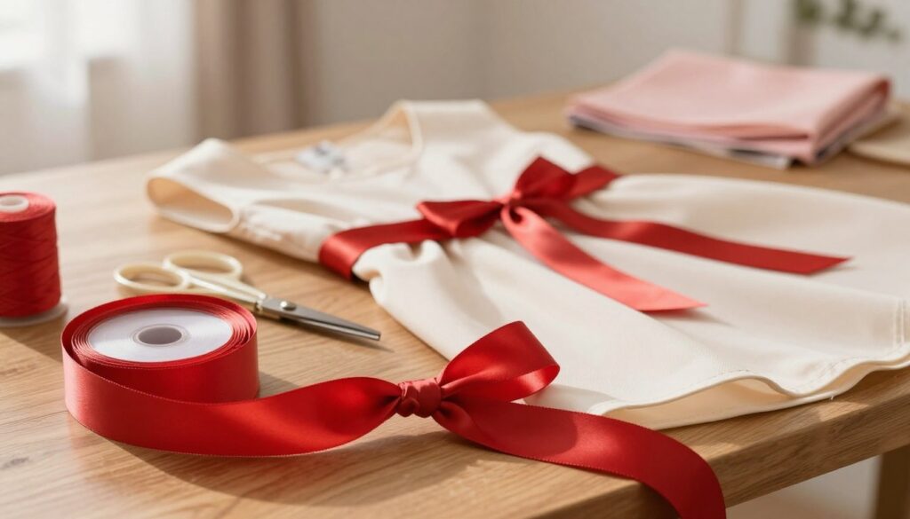 A beautifully arranged setup for preparing a ribbon to tie a bow. In the foreground, a vibrant, glossy ribbon in rich red lies elegantly coiled on a wooden surface. Beside it, there’s a delicate pair of scissors and a reel of matching thread, suggesting meticulous preparation. In the middle ground, a light-colored dress is carefully laid out, showcasing a structured satin belt ready for the bow. The background features a softly blurred, well-lit workspace adorned with soft pastel fabric swatches and a neutral wall, creating a calm and inviting atmosphere. The lighting is warm and natural, casting gentle shadows that enhance the textures of the materials. The scene evokes a sense of creativity and elegance, perfect for illustrating the art of ribbon crafting. A beautifully arranged setup for preparing a ribbon to tie a bow. In the foreground, a vibrant, glossy ribbon in rich red lies elegantly coiled on a wooden surface. Beside it, there’s a delicate pair of scissors and a reel of matching thread, suggesting meticulous preparation. In the middle ground, a light-colored dress is carefully laid out, showcasing a structured satin belt ready for the bow. The background features a softly blurred, well-lit workspace adorned with soft pastel fabric swatches and a neutral wall, creating a calm and inviting atmosphere. The lighting is warm and natural, casting gentle shadows that enhance the textures of the materials. The scene evokes a sense of creativity and elegance, perfect for illustrating the art of ribbon crafting.