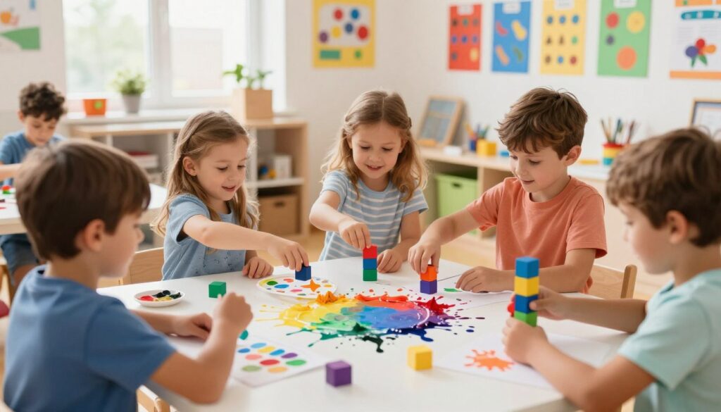 A bright, playful scene illustrating children engaged in learning colors through enjoyable activities. In the foreground, diverse children aged 4-6 are joyfully interacting with colorful blocks and art supplies, eagerly mixing paints and exploring vibrant materials. The middle of the image features a large palette of colors, with splashes of paint around, demonstrating a fun color-mixing activity. In the background, a sunny, cheerful classroom setting with colorful posters on the walls showcases various learning tools related to colors. Soft, natural lighting filters through the windows, creating a warm and inviting atmosphere. The composition should have a slightly elevated perspective, capturing the energy and excitement of the children as they learn through play, embodying curiosity and joy in their expressions.