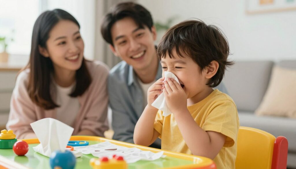A cheerful young child, around three years old, is engaging in a playful activity to learn how to blow their nose. The child is sitting at a colorful play table covered in tissues and playful toys, with a big smile on their face, wearing a bright, comfortable outfit. In the foreground, close-up of the child’s hands playfully demonstrating how to blow into a tissue. In the middle ground, parents watch and encourage the child with supportive expressions, creating a warm and loving atmosphere. The background features a cozy, well-lit room with soft, natural lighting streaming in through a window, giving a sense of comfort and safety. The overall mood is cheerful, relaxed, and filled with joy, highlighting a stress-free learning environment.