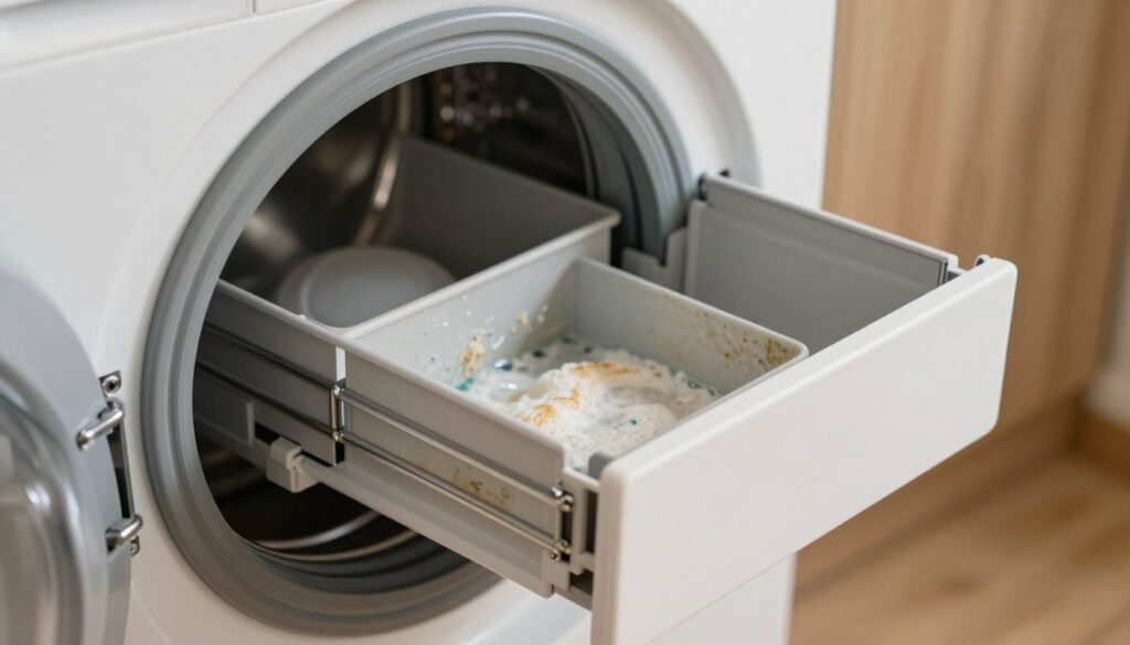 A close-up of a front-loading washing machine showing a stuck detergent drawer half-open. The focus is on the intricate details of the drawer mechanism, highlighting the jammed compartments filled with detergent residue and water stains. The surrounding area is the interior of the washing machine with a metallic frame, reflecting soft ambient light that adds a slightly dramatic effect. The background is softly blurred to emphasize the drawer, capturing an atmosphere of frustration and urgency. The lighting is bright but warm, enhancing the textures of the plastic and metal surfaces while maintaining clarity. The angle is slightly from above to provide a clear view of the blockage inside the drawer.