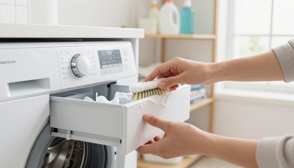 A close-up view of a person gently cleaning a detergent drawer from an Indesit washing machine, set against a well-lit, modern laundry room. The foreground features the hands of a person wearing modest casual clothing, carefully scrubbing the detergent drawer with a soft brush, highlighting the detergent residue being removed. In the middle ground, there's a partially opened washing machine, showcasing the clean, organized interior, with bright, natural light streaming in from a nearby window, creating a warm and inviting atmosphere. The background captures neatly arranged laundry supplies on a shelf, adding depth and context to the scene. The overall mood is tidy and practical, emphasizing a straightforward cleaning process.
