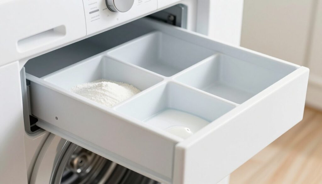 A close-up view of a semi-open Indesit washing machine drawer, clearly showcasing the compartments for detergent powder and liquid fabric softener. The drawer is designed with identifiable segments, one for powder indicated with textured lines, and another for liquid featuring a smooth finish, both in a white plastic material. The background is softly blurred, focusing on the drawer, with natural light illuminating from the side to highlight details and textures. Shadows are subtle yet add depth, creating a clean, crisp atmosphere that suggests organization and efficiency. The overall composition is straightforward and instructional, ideal for guiding readers on using the washing machine compartments effectively.