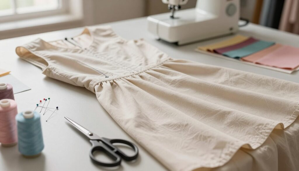 A close-up view of a tailored dress laid out on a sewing table, showcasing a chalk-drawn line marking the new seam for adjusting the fit. The dress features delicate fabric folds and patterns, reflecting light softly. In the foreground, a pair of scissors and sewing pins are neatly arranged beside spools of thread in pastel colors. The background includes a blurred sewing machine and colorful fabric swatches that add to a creative atmosphere. The lighting is warm and inviting, coming from a nearby window, highlighting the textures and details of the fabric. The image conveys a mood of craftsmanship and transformation, perfect for illustrating the concept of manually adjusting a dress's silhouette. A close-up view of a tailored dress laid out on a sewing table, showcasing a chalk-drawn line marking the new seam for adjusting the fit. The dress features delicate fabric folds and patterns, reflecting light softly. In the foreground, a pair of scissors and sewing pins are neatly arranged beside spools of thread in pastel colors. The background includes a blurred sewing machine and colorful fabric swatches that add to a creative atmosphere. The lighting is warm and inviting, coming from a nearby window, highlighting the textures and details of the fabric. The image conveys a mood of craftsmanship and transformation, perfect for illustrating the concept of manually adjusting a dress's silhouette.
