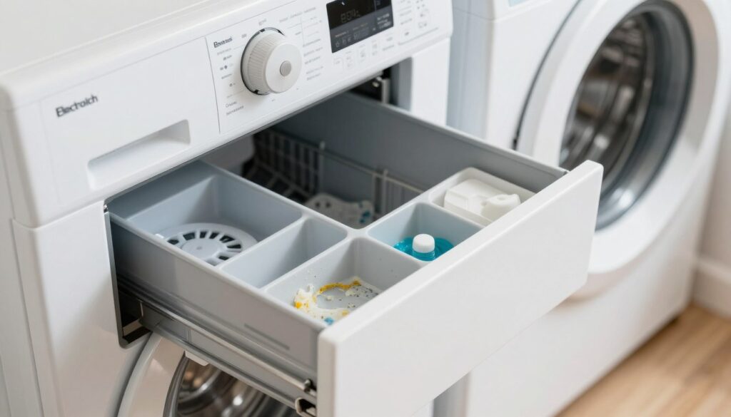 A close-up view of the detergent drawer pulled partially out from an Electrolux washing machine, alongside a Beko washing machine for comparison. The image focuses on the intricate details of the detergent compartments, highlighting the different designs and mechanisms of each brand. Soft, natural lighting illuminates the scene, emphasizing the glossy surfaces of the machines and the cleaning agent residues inside the drawers. The background is blurred to draw attention to the drawers, creating a clean and informative atmosphere. A slight top-down angle showcases the UI elements and potential labels on the drawers, enhancing the educational aspect. The setting is tidy, with laundry-related items subtly placed in the background.