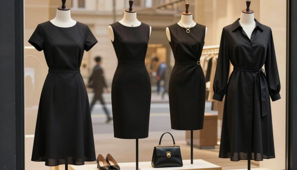 A collection of elegant black dresses in various timeless designs suitable for everyday wear, displayed on a stylish mannequin against a softly lit urban backdrop. In the foreground, feature a chic A-line dress with minimalistic lines, a tailored sheath dress with subtle detailing, and a relaxed fit shirt dress, all showcasing different fabrics like cotton and silk. The middle ground should include fashion elements like accessories—delicate jewelry, sleek handbags, and tasteful shoes. In the background, hint at a bustling city street scene, blurred for focus. The lighting is warm and inviting, creating a professional yet approachable atmosphere. The overall mood is sophisticated and modern, perfect for work, casual outings, and social occasions. Ensure the image is polished and well-composed, emphasizing the elegance of the dresses.