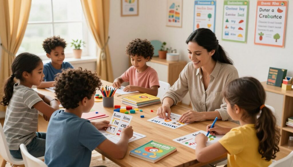 A cozy home study scene featuring a diverse group of children aged 6-10 engaged in learning English together. In the foreground, a friendly, approachable female teacher, dressed in modest casual attire, is guiding a boy and a girl as they play with English flashcards. The middle ground includes a large wooden table cluttered with colorful learning tools, such as books, games, and art supplies. Soft, warm lighting filters through a window adorned with cheerful curtains, highlighting the vibrant atmosphere. In the background, a wall is decorated with educational posters depicting English vocabulary and grammar. The overall mood is encouraging and fun, emphasizing the importance of learning English at home through play and interaction with peers.