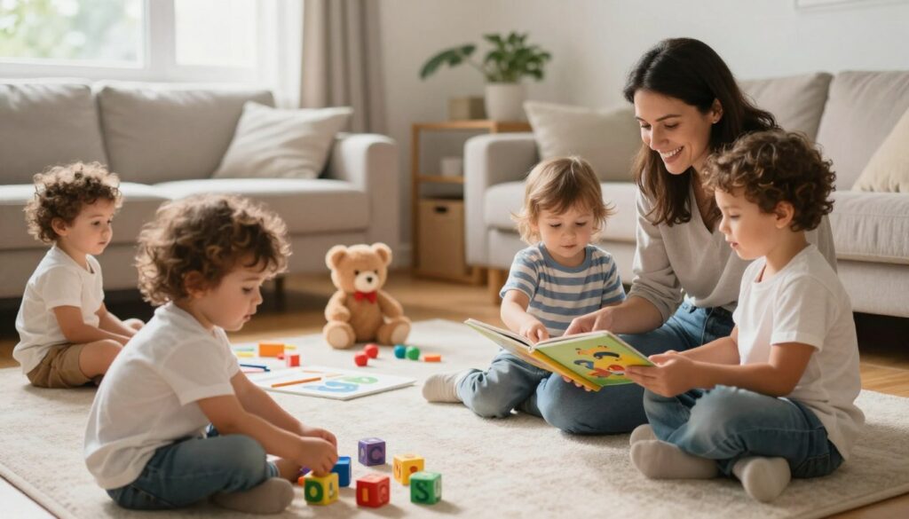 A cozy living room scene featuring a diverse group of toddlers and their parents engaging in playful activities that promote speech development. In the foreground, a child plays with colorful alphabet blocks, while another shares a picture book with their caregiver, who is encouraging them with a warm smile. The middle ground shows a playful setup with soft toys and art supplies, fostering creativity and interaction. In the background, sunlight pours through a window, illuminating the space and creating a cheerful, inviting atmosphere. The scene captures collaboration and joy in learning, with a soft focus and a slight angle that enhances the warmth of family bonding through play. The lighting is bright but gentle, creating an inspiring mood.