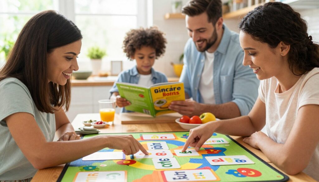 A lively family scene showcasing a diverse group of parents and children engaged in various daily activities to learn English. In the foreground, a mother and her young daughter are playing a word game on a colorful mat, surrounded by flashcards with English words. The daughter is joyfully pointing at a card, while the mother smiles and encourages her. In the middle ground, a father and son are cooking together, using an English recipe book to prepare a simple dish, with ingredients scattered around. The background features a bright, warm kitchen filled with sunlight streaming through the window, enhancing the cheerful atmosphere. Soft focus on the background adds depth, while the vibrant colors of the scene convey a sense of fun and engagement in learning English naturally.