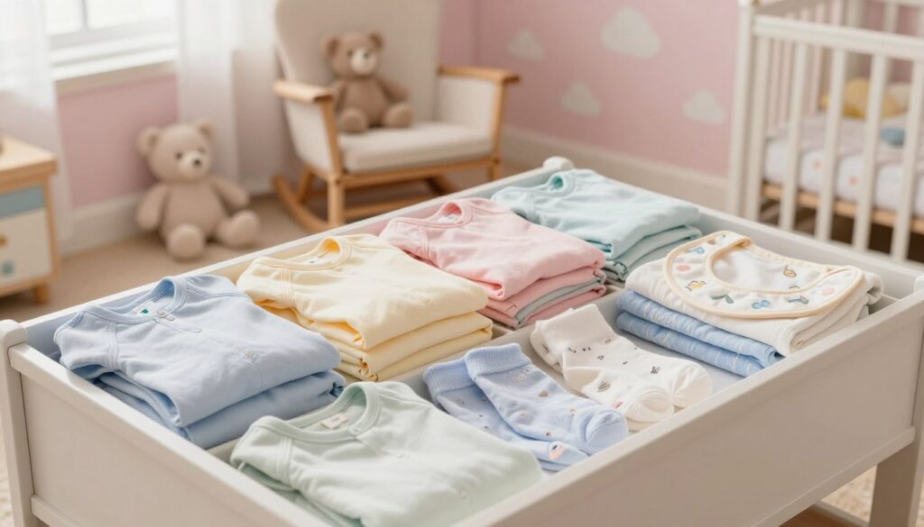 A serene and organized nursery scene featuring neatly folded baby clothes and linens. In the foreground, soft pastel-colored onesies, tiny socks, and delicate bibs are arranged in an open drawer, showcasing various textures and patterns. The middle ground includes a gentle rocking chair and plush toys, creating a warm and inviting atmosphere. The background features a pastel wall with subtle cloud patterns and soft lighting filtering through a nearby window, casting a warm glow on the scene. The image should evoke a sense of tranquility and care, highlighting the importance of properly organizing infant clothing for ease of access. Use a slightly elevated angle to capture the layout effectively, ensuring the focus remains on the vibrancy and neatness of the folded garments.