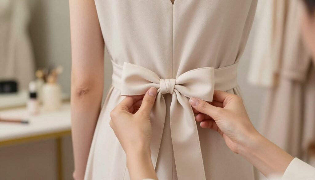 A step-by-step illustration of tying a bow on a dress, featuring a professional woman in a stylish, modest dress with a fabric waist tie. The foreground showcases her hands gracefully manipulating the ribbon, demonstrating the knotting technique in detail. The middle of the image focuses on the beautifully formed bow, highlighting its symmetrical loops and tails. The background features a softly blurred dressing room environment with neutral colors, subtle textures, and warm lighting that creates an inviting atmosphere. The scene should evoke a sense of elegance and clarity, making it visually appealing for instructional purposes. The composition should be inviting, focusing on the craftsmanship of creating a perfect bow. A step-by-step illustration of tying a bow on a dress, featuring a professional woman in a stylish, modest dress with a fabric waist tie. The foreground showcases her hands gracefully manipulating the ribbon, demonstrating the knotting technique in detail. The middle of the image focuses on the beautifully formed bow, highlighting its symmetrical loops and tails. The background features a softly blurred dressing room environment with neutral colors, subtle textures, and warm lighting that creates an inviting atmosphere. The scene should evoke a sense of elegance and clarity, making it visually appealing for instructional purposes. The composition should be inviting, focusing on the craftsmanship of creating a perfect bow.