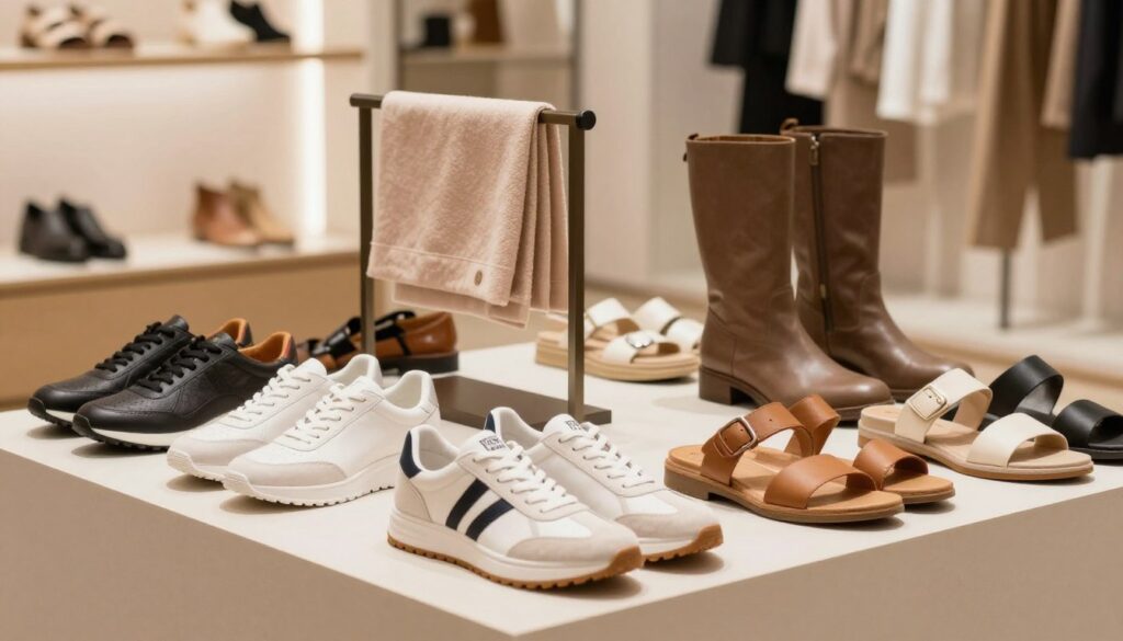 A stylish arrangement of VICES footwear displayed prominently in the foreground, showcasing a variety of models, including sneakers, boots, and sandals. Each pair is presented at different angles to highlight unique features like textures and colors. In the middle ground, a sleek shoe rack and soft fabric swatches suggest available sizes and options. The background features a modern retail environment, with soft, ambient lighting illuminating the scene, creating an inviting atmosphere. The color palette should be warm, emphasizing earthy tones and pastels that reflect current fashion trends. The image should evoke a sense of elegance and appeal to young, fashion-conscious consumers in search of stylish and affordable footwear options. A stylish arrangement of VICES footwear displayed prominently in the foreground, showcasing a variety of models, including sneakers, boots, and sandals. Each pair is presented at different angles to highlight unique features like textures and colors. In the middle ground, a sleek shoe rack and soft fabric swatches suggest available sizes and options. The background features a modern retail environment, with soft, ambient lighting illuminating the scene, creating an inviting atmosphere. The color palette should be warm, emphasizing earthy tones and pastels that reflect current fashion trends. The image should evoke a sense of elegance and appeal to young, fashion-conscious consumers in search of stylish and affordable footwear options.