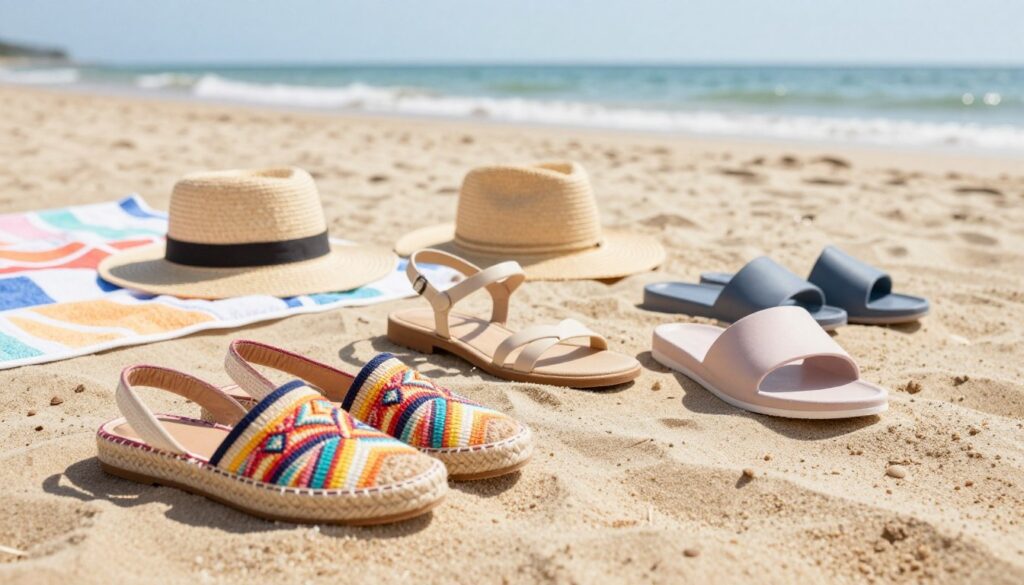 A stylish arrangement of summer footwear by Refresh, featuring a variety of sandals, espadrilles, and slides. In the foreground, a pair of colorful espadrilles with a woven upper and bright patterns, partially on a sandy beach. Beside them, elegant sandals with delicate straps and soft pastel colors. A pair of trendy slides with a modern design rests nearby. In the middle ground, soft beach towels and a sunhat create a laid-back summer atmosphere. The background displays a sunny beach scene, with gentle waves and a clear blue sky, enhancing the playful, summery vibe. The image is well-lit with natural sunlight, casting soft shadows and creating a warm, inviting mood. The angle captures the footwear from a slight overhead perspective, emphasizing their design and comfort. A stylish arrangement of summer footwear by Refresh, featuring a variety of sandals, espadrilles, and slides. In the foreground, a pair of colorful espadrilles with a woven upper and bright patterns, partially on a sandy beach. Beside them, elegant sandals with delicate straps and soft pastel colors. A pair of trendy slides with a modern design rests nearby. In the middle ground, soft beach towels and a sunhat create a laid-back summer atmosphere. The background displays a sunny beach scene, with gentle waves and a clear blue sky, enhancing the playful, summery vibe. The image is well-lit with natural sunlight, casting soft shadows and creating a warm, inviting mood. The angle captures the footwear from a slight overhead perspective, emphasizing their design and comfort.