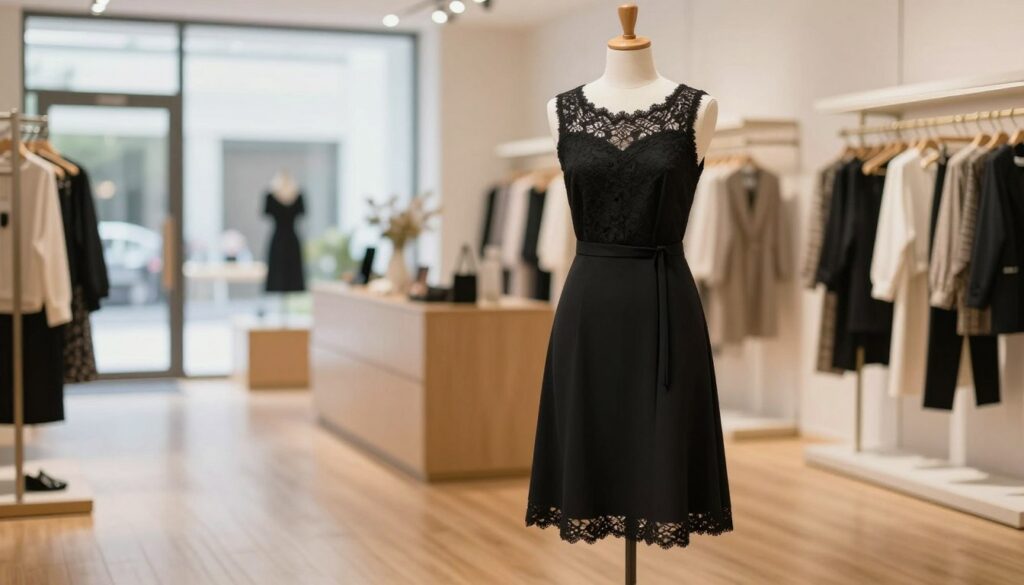 A stylish black dress showcased elegantly on a minimalist mannequin in a bright, modern boutique setting. The dress features a classic A-line silhouette with delicate lace accents and a fitted waist, draping gracefully to knee length. The mannequin is placed on a polished wooden floor beneath warm, soft lighting that highlights the texture of the fabric. In the background, blurred racks of assorted clothing and chic accessories enhance the shopping atmosphere, while large windows allow natural light to flood the space, creating an inviting mood. The image captures the essence of online shopping for timeless black dresses, perfect for daily wear, work, or casual meetings.