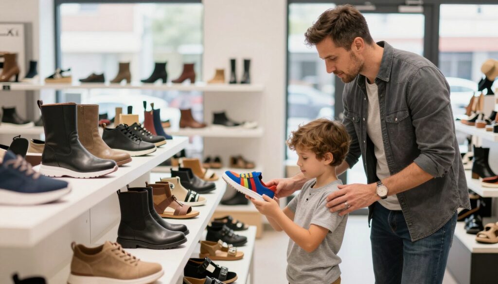 A stylish display of XTI footwear designed for men and children, featuring a variety of shoe styles such as sneakers, boots, and sandals. In the foreground, showcase a confident father and his young son, both wearing casual yet fashionable clothing, selecting shoes from a chic shoe store. The father admires a sleek pair of boots, while the boy playfully holds a colorful sneaker. In the middle background, rows of XTI shoes are neatly arranged on shelves, emphasizing modern design and quality. Soft, natural lighting filters through large store windows, creating an inviting atmosphere. The scene conveys a sense of family bonding and contemporary fashion, with an overall warm and welcoming mood.