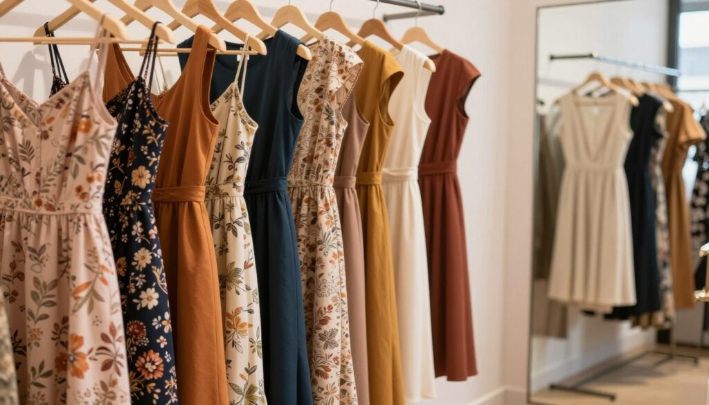 A stylish display of various midi dresses hanging elegantly on a rack within a bright boutique. In the foreground, a soft lighting creates a warm inviting atmosphere, illuminating the rich textures of the fabrics, including floral patterns and solid colors. The middle ground features a diverse selection of dresses in different styles – A-line, fitted, and flared, showcasing versatility for everyday outfits. In the background, a large mirror reflects the dresses, adding depth to the scene. Consider a hint of soft natural light filtering through a window, enhancing the colors and creating gentle shadows. The overall mood conveys a sense of elegance and comfort, perfect for casual yet chic styles.