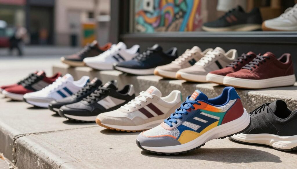 A stylish display of various types of urban footwear from the Bench brand, including sneakers, casual shoes, and high-tops. In the foreground, showcase a pair of vibrant, modern sneakers in a sleek, dynamic pose. In the middle ground, arrange an assortment of other Bench footwear, emphasizing diversity in color and design, with a focus on comfort and style. The background features a softly blurred urban setting, hinting at an urban lifestyle with subtle hints of street art and city life. Use natural sunlight to create a bright, inviting atmosphere, enhancing the textures and colors of the shoes. Capture this scene with a slightly angled perspective to add depth, ensuring a professional look suitable for an article illustration. A stylish display of various types of urban footwear from the Bench brand, including sneakers, casual shoes, and high-tops. In the foreground, showcase a pair of vibrant, modern sneakers in a sleek, dynamic pose. In the middle ground, arrange an assortment of other Bench footwear, emphasizing diversity in color and design, with a focus on comfort and style. The background features a softly blurred urban setting, hinting at an urban lifestyle with subtle hints of street art and city life. Use natural sunlight to create a bright, inviting atmosphere, enhancing the textures and colors of the shoes. Capture this scene with a slightly angled perspective to add depth, ensuring a professional look suitable for an article illustration.