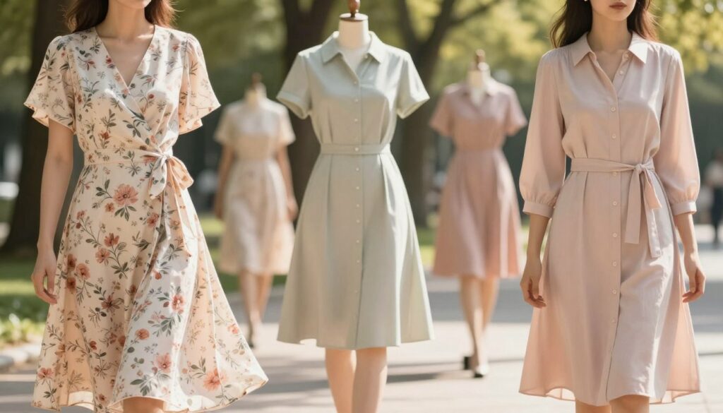 A stylish montage of knee-length dresses, specifically focusing on wrap dresses, shirt dresses, and shirtwaist dresses. In the foreground, a beautiful display of an elegant wrap dress in a soft floral pattern, made of lightweight fabric that flows gently. Adjacent to it, a casual shirt dress in a solid pastel color, featuring a cinched waist and button details. The middle section includes a chic shirtwaist dress, showcasing its structured silhouette and knee-length cut. The background features a softly blurred park setting, dappled with natural sunlight filtering through trees, creating a warm and inviting atmosphere. Capture the scene with a shallow depth of field to enhance the vibrancy and textures of the fabrics, evoking a sense of effortless style and comfort ideal for everyday wear.
