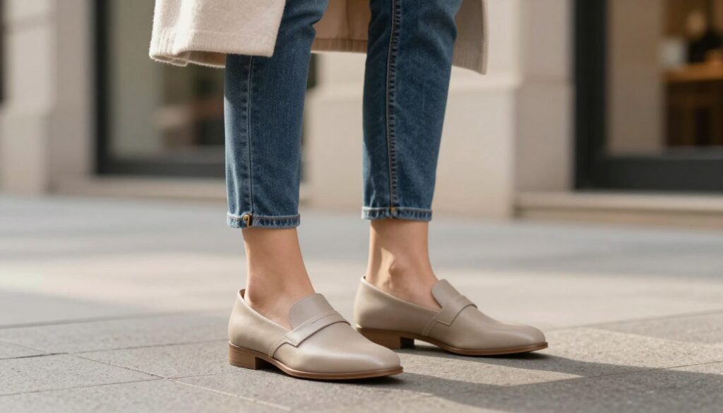 A stylish pair of Azarey shoes designed for everyday outfits, displayed prominently in the foreground, highlighting the sleek lines and modern design of the footwear. The shoes should feature a neutral color palette, combining elegance with versatility. In the middle ground, a well-dressed model wears the shoes as part of a fashionable casual ensemble, showcasing how they can elevate everyday looks. The model’s attire should consist of a light sweater and tailored jeans, embodying a chic yet comfortable vibe. The background should feature a softly blurred urban setting, with warm, natural lighting creating a cozy atmosphere. The composition is captured from a slightly elevated angle, emphasizing the shoes while maintaining focus on the overall outfit.
