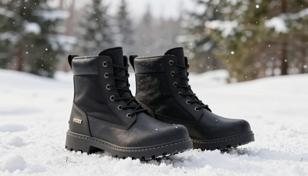 A stylish pair of VICES winter boots with a thick sole, prominently showcased in the foreground. The boots feature a contemporary design, with a combination of soft black leather and rugged fabric, accented by metal eyelets and thick laces. In the middle ground, a soft, snowy landscape provides a seasonal backdrop, highlighting the boots' suitability for winter adventures. The background includes gently falling snowflakes and blurred evergreen trees, creating a cozy, wintery atmosphere. Bright, natural daylight filters through the scene, enhancing the textures of the boots and the snow. The perspective is slightly elevated, giving focus on the boots while capturing the essence of winter fashion. The overall mood is warm and inviting, perfect for showcasing stylish winter footwear. A stylish pair of VICES winter boots with a thick sole, prominently showcased in the foreground. The boots feature a contemporary design, with a combination of soft black leather and rugged fabric, accented by metal eyelets and thick laces. In the middle ground, a soft, snowy landscape provides a seasonal backdrop, highlighting the boots' suitability for winter adventures. The background includes gently falling snowflakes and blurred evergreen trees, creating a cozy, wintery atmosphere. Bright, natural daylight filters through the scene, enhancing the textures of the boots and the snow. The perspective is slightly elevated, giving focus on the boots while capturing the essence of winter fashion. The overall mood is warm and inviting, perfect for showcasing stylish winter footwear.