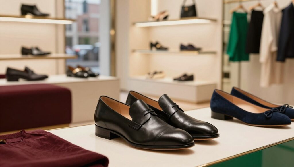 A stylish pair of black 5th Avenue shoes displayed prominently in the foreground, showcasing their elegant design and high-quality materials. Surrounding the shoes, a variety of fashionable colors that represent the latest collection, including rich burgundy, deep navy, and vibrant emerald, are artistically arranged. The middle ground features a plush, modern retail setting, with softly illuminated glass shelves and minimalistic decor, enhancing the luxurious feel of the brand. In the background, a blurred cityscape hints at urban sophistication, with a warm, golden hour lighting that adds a welcoming atmosphere. The angle captures the shoes slightly from above, focusing on their sleek lines and detailing while ensuring an inviting and aspirational mood throughout the image.