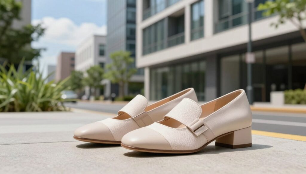 A stylish pair of women's Bench shoes, designed for urban fashion, showcased prominently in the foreground. The shoes are modern and sleek, featuring a combination of soft leather and breathable fabric, adorned with subtle but trendy detailing. In the middle, a minimalist urban environment, showcasing a chic city street with contemporary architecture and vibrant greenery, gives context to the scene. The background includes a clear blue sky with soft clouds, adding brightness to the image. Soft, natural lighting highlights the footwear, creating a fresh and inviting atmosphere. Use a slightly elevated angle to capture both the shoes and the urban setting, conveying a mood of confident elegance balanced with casual comfort. A stylish pair of women's Bench shoes, designed for urban fashion, showcased prominently in the foreground. The shoes are modern and sleek, featuring a combination of soft leather and breathable fabric, adorned with subtle but trendy detailing. In the middle, a minimalist urban environment, showcasing a chic city street with contemporary architecture and vibrant greenery, gives context to the scene. The background includes a clear blue sky with soft clouds, adding brightness to the image. Soft, natural lighting highlights the footwear, creating a fresh and inviting atmosphere. Use a slightly elevated angle to capture both the shoes and the urban setting, conveying a mood of confident elegance balanced with casual comfort.