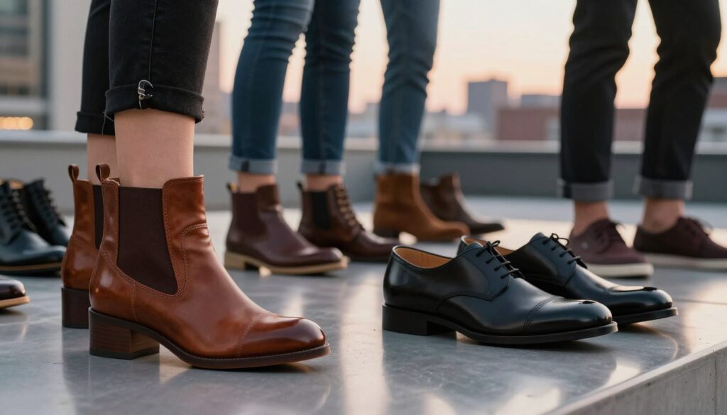 A stylish urban scene showcasing a variety of women's and men's footwear from XTI, highlighting their unique design aesthetics. In the foreground, display an elegant pair of women's ankle boots in rich leather, alongside a classic pair of men's dress shoes with clean lines. In the middle ground, include a diverse selection of casual and formal shoes, illustrating the brand's range, set against a smooth, reflective surface to enhance their textures. The background features a soft-focus cityscape with warm twilight lighting, creating a sophisticated and inviting atmosphere. Utilize a slight low-angle perspective to emphasize the footwear, capturing intricate details like stitching and materials. The mood should be fashionable and contemporary, appealing to both genders.