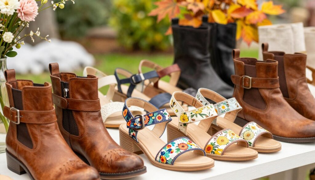 A variety of women’s sandals and ankle boots from the Refresh brand, carefully arranged in a visually appealing display. In the foreground, highlight stylish belted ankle boots in rich earthy tones, with intricate detailing on the leather. In the middle ground, showcase fashionable summer sandals in vibrant colors, featuring floral patterns and soft straps. In the background, a blurred natural setting suggests various seasons, with hints of blooming flowers for spring, lush greenery for summer, warm autumn leaves, and a soft winter ambiance. Use soft, natural lighting to create a warm and inviting atmosphere, focusing on a slight overhead angle to capture the textures and designs of the footwear. The mood should evoke a sense of seasonal versatility and fashion. A variety of women’s sandals and ankle boots from the Refresh brand, carefully arranged in a visually appealing display. In the foreground, highlight stylish belted ankle boots in rich earthy tones, with intricate detailing on the leather. In the middle ground, showcase fashionable summer sandals in vibrant colors, featuring floral patterns and soft straps. In the background, a blurred natural setting suggests various seasons, with hints of blooming flowers for spring, lush greenery for summer, warm autumn leaves, and a soft winter ambiance. Use soft, natural lighting to create a warm and inviting atmosphere, focusing on a slight overhead angle to capture the textures and designs of the footwear. The mood should evoke a sense of seasonal versatility and fashion.