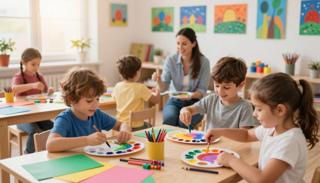 A vibrant art classroom scene showcasing young children engaged in creative, hands-on activities to learn colors. In the foreground, two kids mix bright paints on a palette, their expressions joyful and focused. A variety of colorful art supplies, like crayons and colored paper, are scattered around. In the middle ground, a teacher enthusiastically demonstrates color mixing techniques, surrounded by children intently watching and participating. The background features colorful paintings on the walls, and a large window allowing warm, soft sunlight to flood the room, creating an inviting and cheerful atmosphere. The composition should have a lively and educational feel, with rich colors and playful energy, captured from a slightly elevated angle to provide a comprehensive view of the activity.