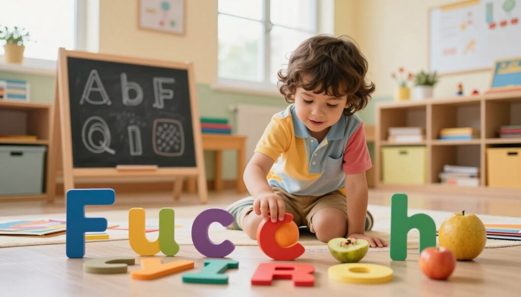 A vibrant classroom scene where a young child, dressed in colorful, modest casual clothing, is engaged in learning the alphabet using everyday objects. In the foreground, the child is surrounded by oversized, colorful letters made from common items like fruits, toys, and household items, each letter creatively integrated into the objects. The middle ground features a warm and inviting classroom environment, with a chalkboard displaying simple drawings related to letters, and educational materials scattered around. In the background, large windows let in soft, natural light, creating a cheerful atmosphere. The mood is playful and encouraging, illustrating how daily situations can be transformed into engaging learning experiences. The angle captures the excitement on the child's face as they explore each letter, emphasizing curiosity and joy in discovering literacy.