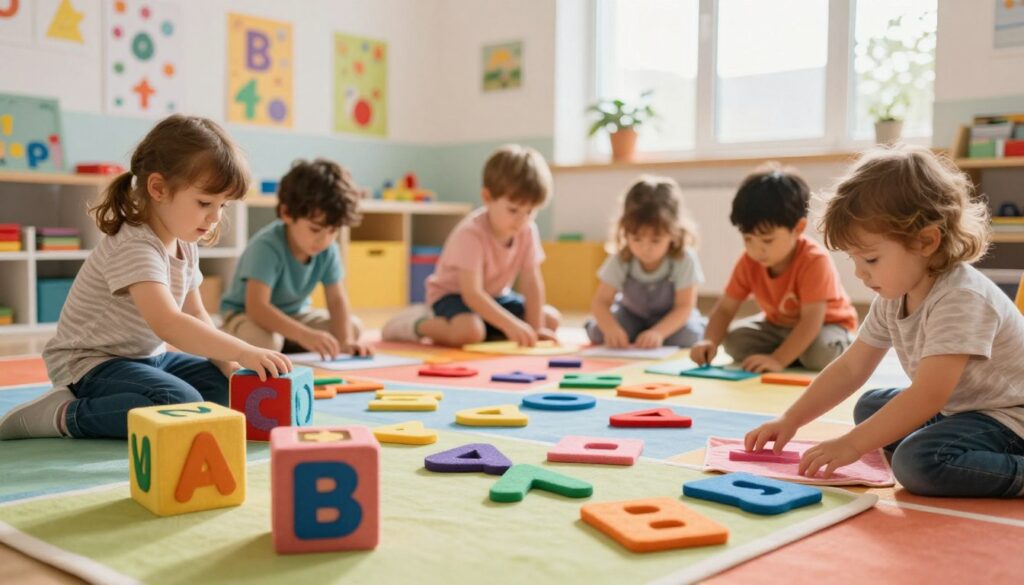A vibrant, multi-sensory learning environment illustrating the shapes of letters. In the foreground, an inviting, colorful play area with large, tactile alphabet blocks made of various materials, inviting children to interact. In the middle, a diverse group of young children, aged 4-6, engaged in hands-on activities exploring letters through touch, using textured fabrics, smooth wooden pieces, and soft foam letters. The background features a bright classroom adorned with cheerful posters of the alphabet, whimsical drawings, and large windows letting in warm sunlight. The mood is joyful and curious, capturing the excitement of learning through play. The image should have a soft focus effect, emphasizing the playful atmosphere.