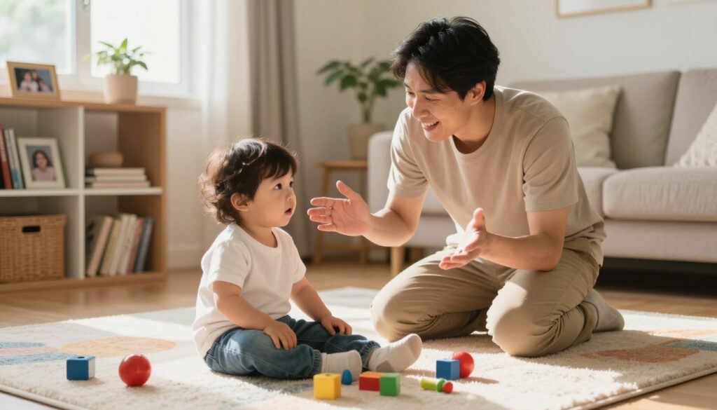 A warm, inviting living room scene where a parent, wearing casual modest clothing, enthusiastically encourages a small child to speak their first words. The foreground features the child, around two years old, sitting on a soft, colorful carpet with toys scattered around, looking curious and engaged. The middle ground showcases the smiling parent kneeling beside the child, leaning in with an encouraging expression and open body language. The background is a softly lit room with family photos and bookshelves, creating a cozy atmosphere. Soft natural light streaming through a window adds warmth, highlighting the joy and connection between the two. The mood is nurturing and supportive, capturing the essence of early speech development.