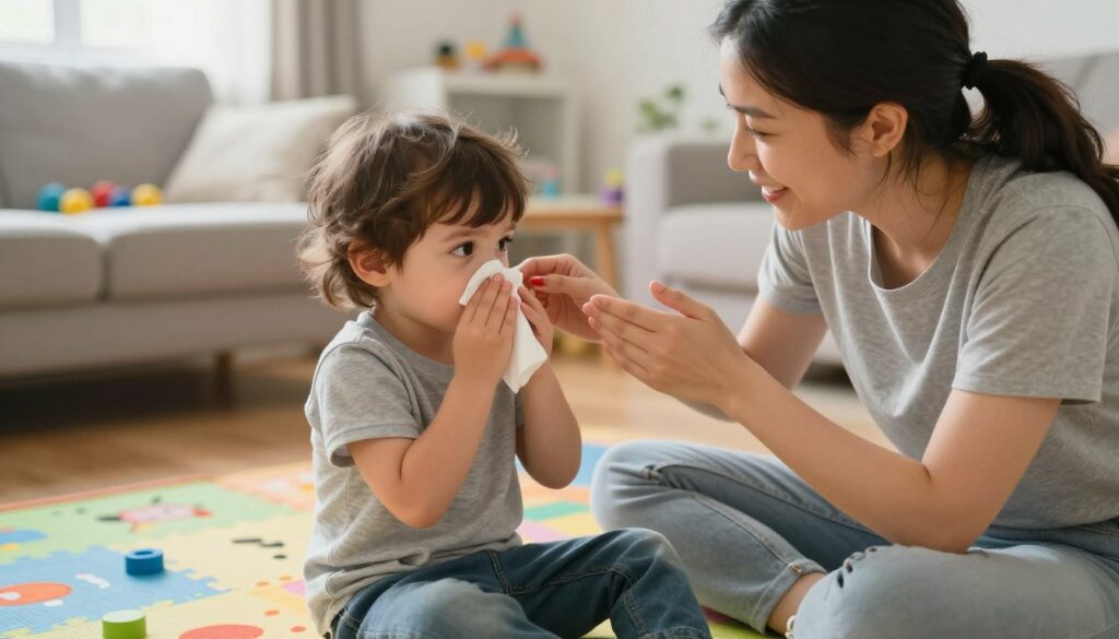 A young child, around four years old, sits on a colorful play mat, holding a soft tissue in hand, looking curiously at a parent guiding them. The child's expression shows curiosity and determination as they practice blowing their nose. The parent, wearing casual yet modest clothing, encourages with a gentle smile. In the background, a cozy living room is filled with toys and bright, natural light streaming through a window, creating a warm and inviting atmosphere. The scene captures a moment of learning, focusing on the child’s engagement and the supportive environment. The angle is slightly above eye level, highlighting the interaction between child and parent, while emphasizing the playful yet educational setting.